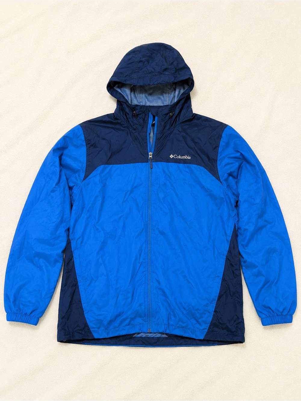 Columbia Bright Blue and Navy Hooded Windbreaker Jacket